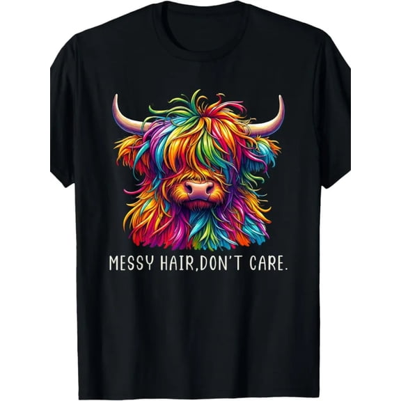Unisex Retro Graphic T-Shirt -Messy Hair Don't Care Retro Highland Cow Graphic Tee for Men Women, Cute Scottish Cattle Short Sleeve T-Shirt, Casual Crew Neck Top for Cow Lover Gift