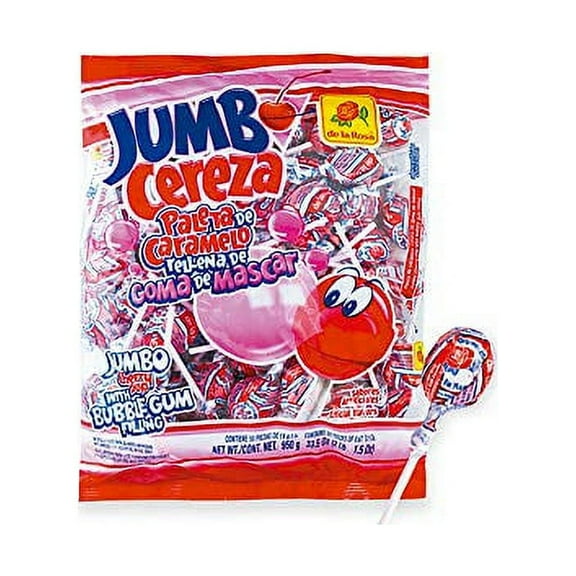 De La Rosa Jumbo Cherry Lollipop, bubble gum pop, bag of 50