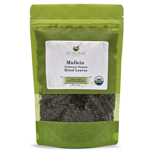 Biokoma Pure and Organic Mullein Dried Leaves 50g (1.76oz) in Resealable Moisture Proof Pouch, USDA Certified Organic - Herbal Tea, No Additives, No Preservatives, No GMO, Kosher