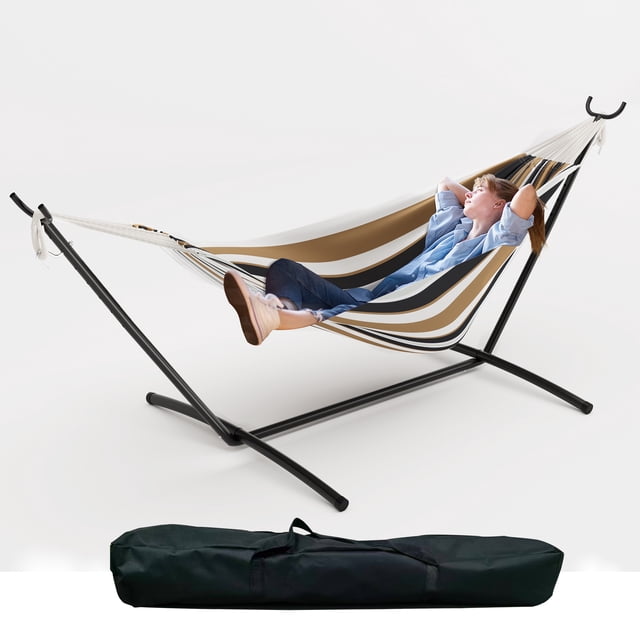 Yeshouse Hamaca doble azul con soporte, de algodón resistente, capacidad de 204 kg para 2 adultos, incluye soporte de acero y bolsa de transporte, ideal para interior y exterior