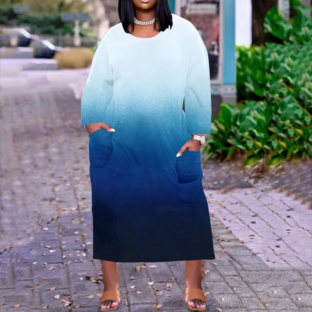 LSLJS Plus Size Dress For Women Round-Neck Casual Sundresses Pocket Knee Long Sleeve With Pockets