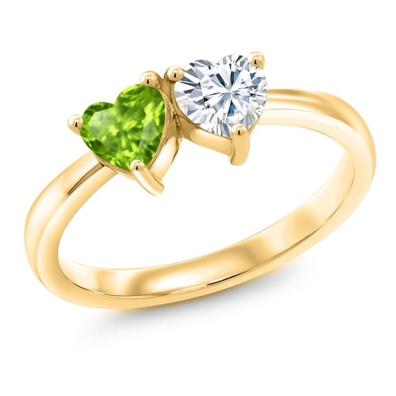 Gem Stone King 18K Yellow Gold Plated Silver Fashion Right-Hand Ring Heart Shape Green Peridot and Moissanite (0.92 Cttw, Size 8)
