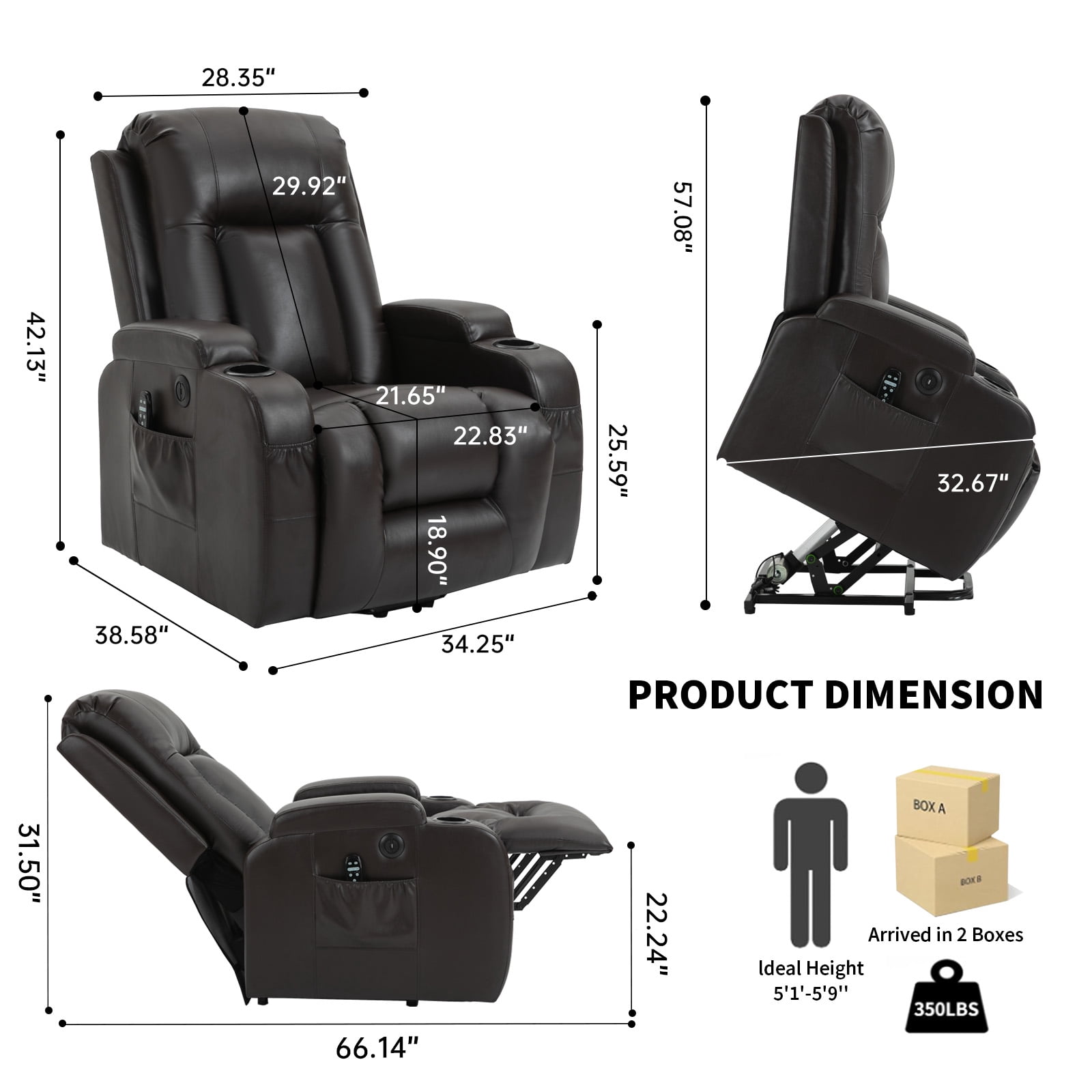 Gewnee Power Lift Recliner Chair,Lift Chair with Heat and Massage,Adjustable PU Leather Recliner with USB,Cup Holders & Side Pockets for Living Room or Bedroom.Brown