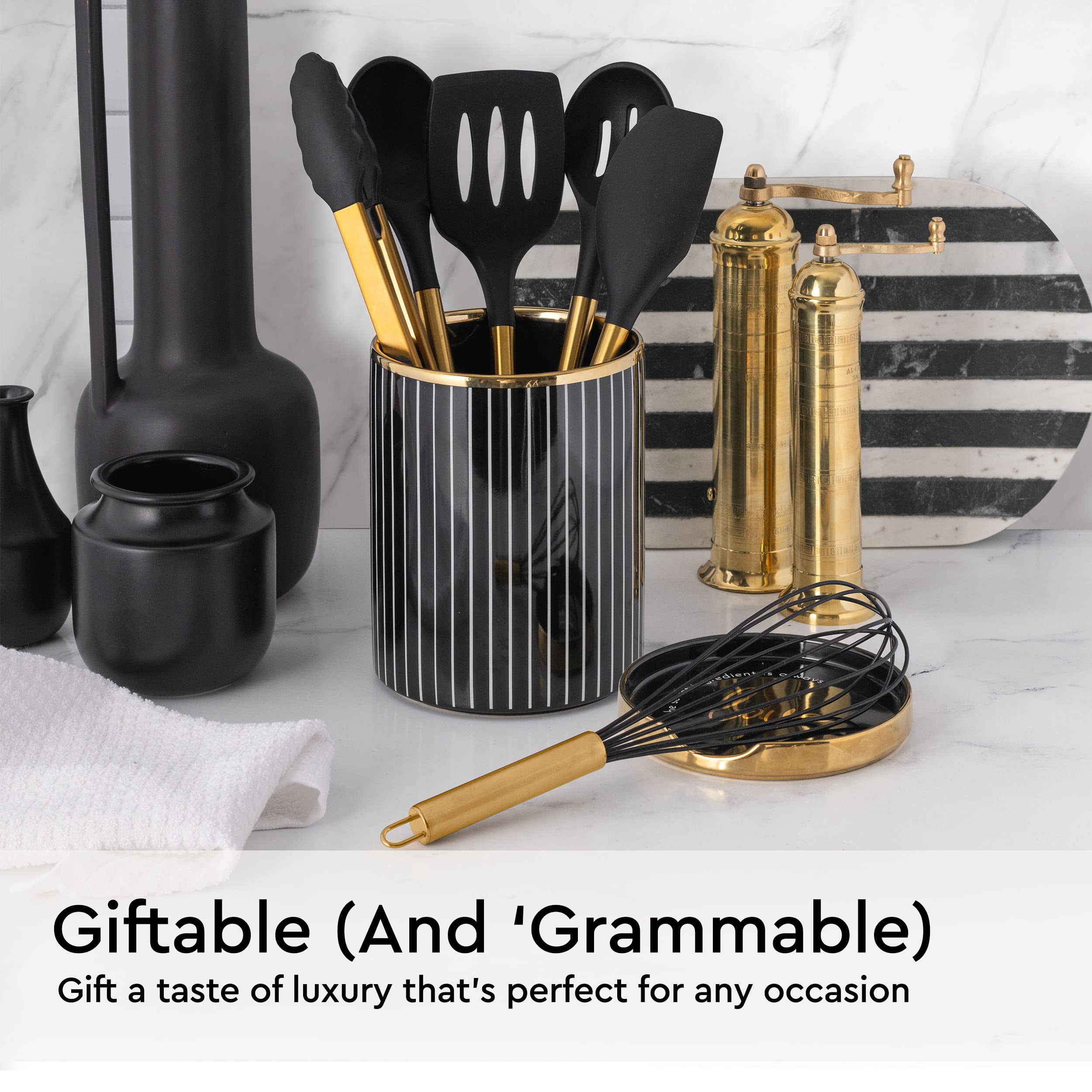 Black and Gold Kitchen Utensils Set 6PC Black Silicone Utensils Set Includes: Gold Tongs, Gold Whisk, Gold Serving Spoon, Gold Spatula & Turner-Black and Gold Kitchen Accessories & Gold Kitchen Decor