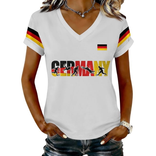 Women's Germany Football Graphic T-Shirt, V-Neck Casual Letter Print T-Shirt, Fashion Short Sleeve Graphic Tee, Summer Daily Lightweight Tops for Soccer Tournament 2026 White Size: XL
