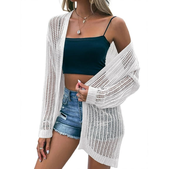 Women's Crochet Bell Sleeve Cropped Cardigan Button Down See Through Lightweight Sweater Knitted Top