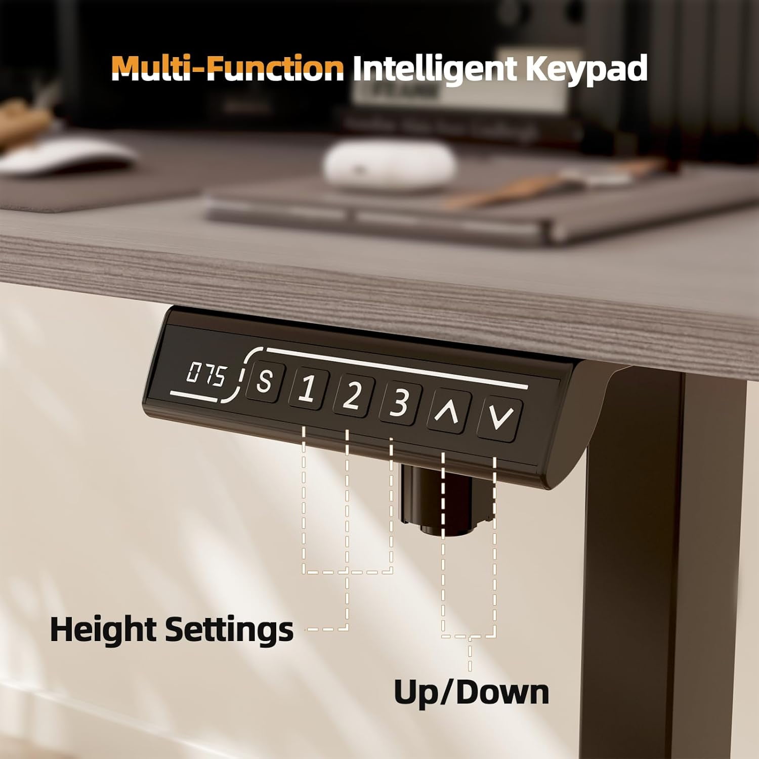 Height Adjustable Electric Standing Desk with Storage Shelves, 48 Inch Table with Built-in Monitor Stand, Sit Stand Desk with 2 Hooks for Home Office, Grey Desktop & Black Frame