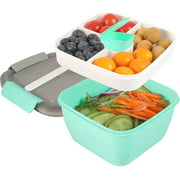 Shopwithgreen 52 OZ to Go Salad Container Lunch Container, BPA-Free, 3-Compartment for Salad Toppings and Snacks, Salad Bowl with Dressing Container, Built-in Reusable spoon, Microwave Safe (Green)