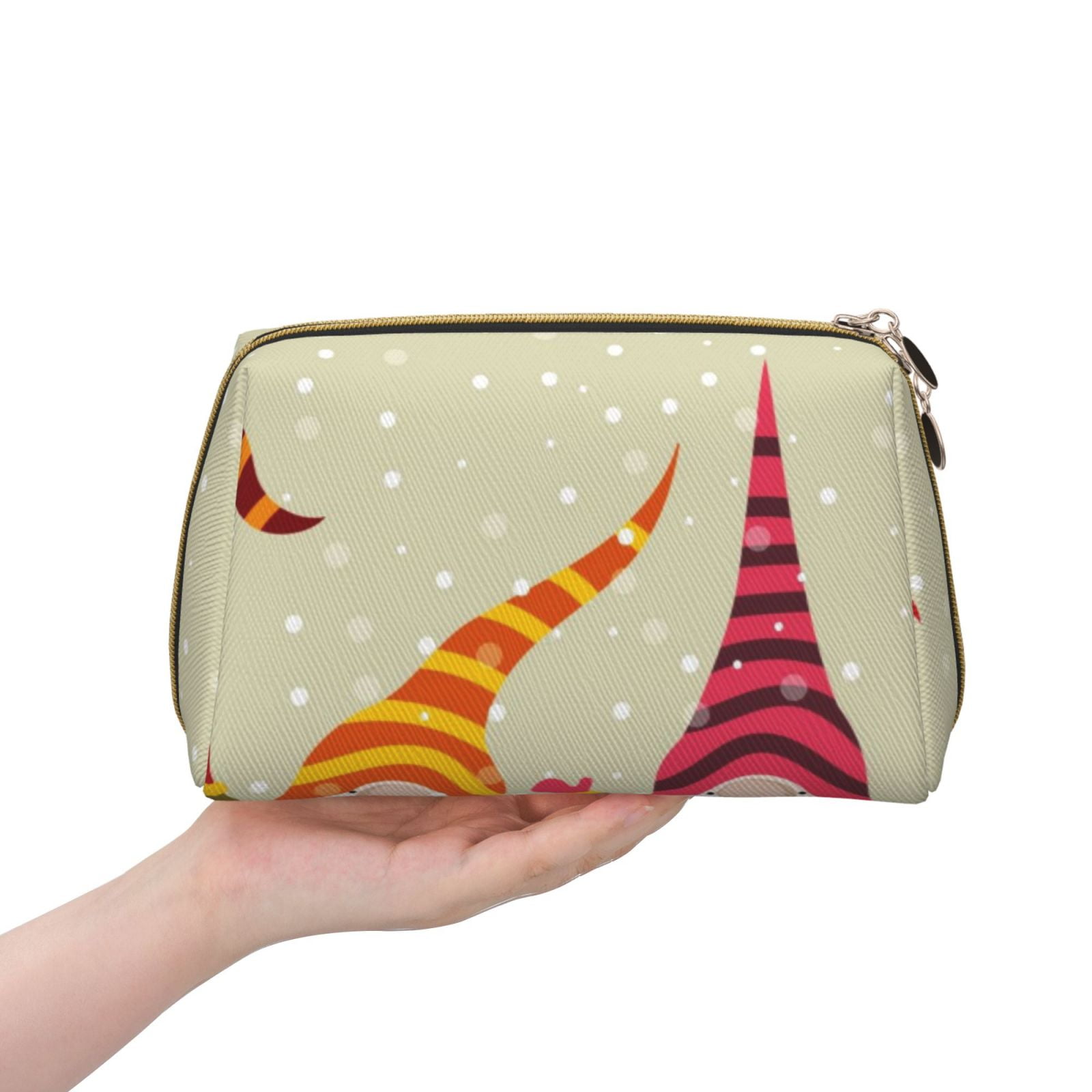 Picia Christmas Card With Gnomes Print Leather Makeup Bag Make Up Bag Travel Toiletry Bag for Her Girlfriend Teacher Teen Girl Gifts