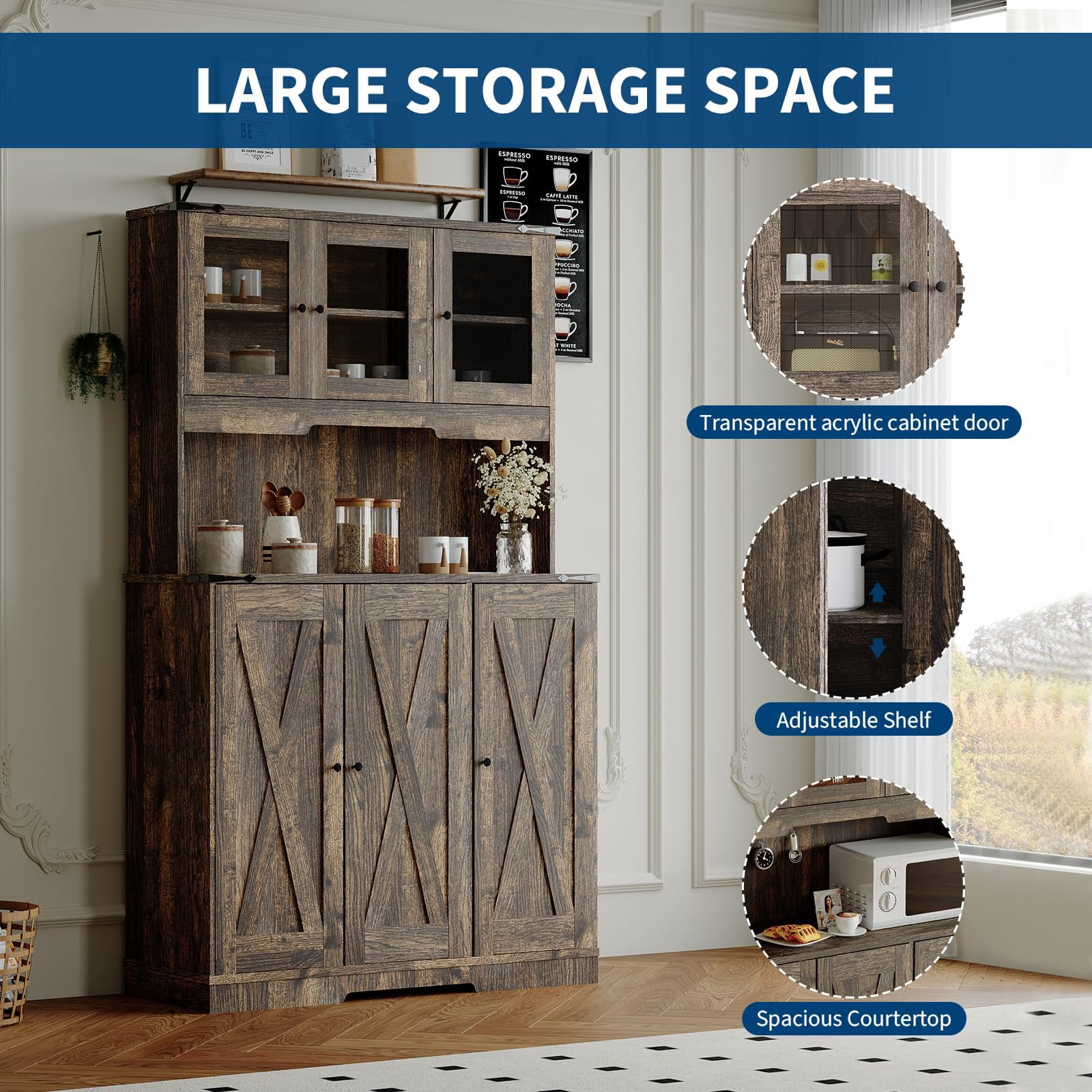 COZONY Rustic Kitchen Pantry Cabinet with Charging Station, Farmhouse Hutch Cupboard with Countertop, 8 Compartments & Adjustable Shelves for Living Room & Kitchen,Dark oak
