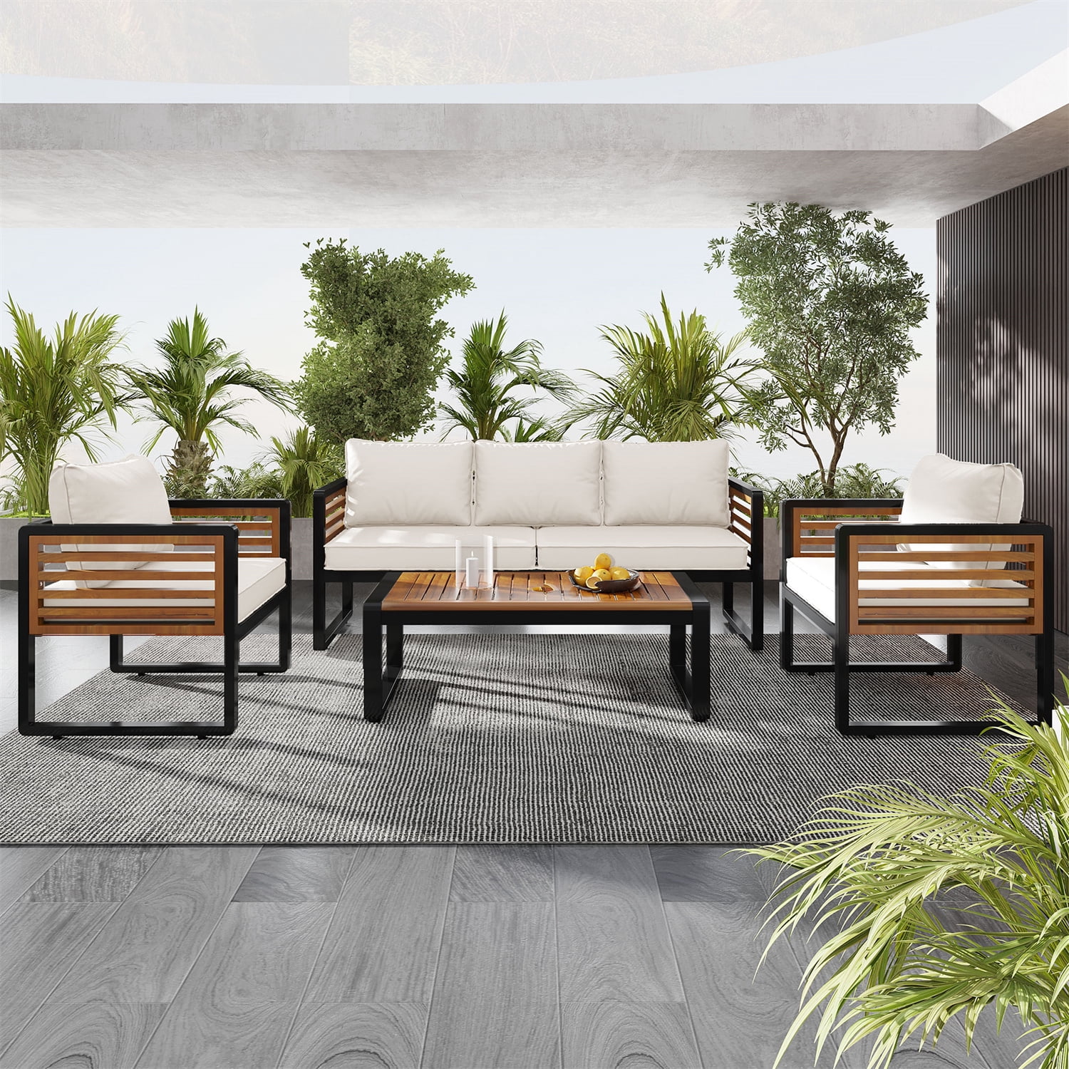 YIORTWO Patio Furniture Set, 4 Piece Metal Frame Outdoor Sectional Patio Conversation Set with Cushion and Wooden Finish, All Weather Outdoor Couch Set Patio Sofa Set for Porch Balcony Deck, Beige