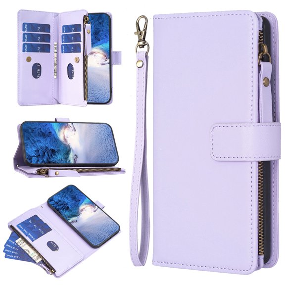 for iPhone 13 Pro Zipper Wallet Case with Wrist Hand Strap & Card Slots Holder, Business PU Leather Shockproof Flip Kickstand Purse Protective Cover Case for iPhone 13 Pro, Purple