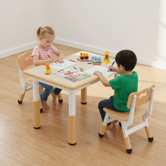 TLSUNNY Kids Table and 2 Chairs Set, Height Adjustable, Toddler Activity Table with Graffiti Desktop, for Daycare, Classroom & Home