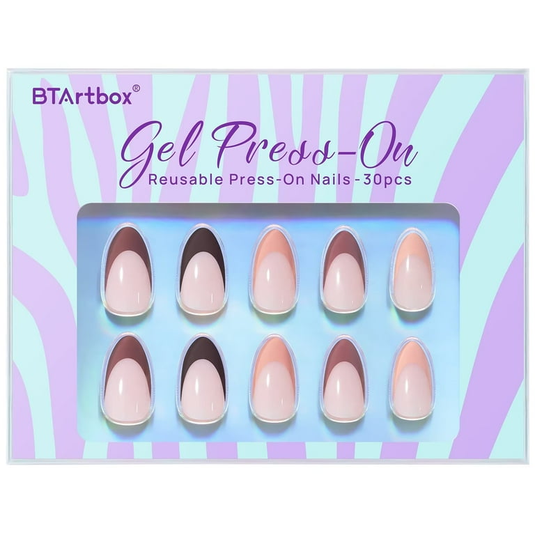 BTArtbox 30pcs French Tip Almond Press On Nails with Nail Glue, Reusable  Stick on Nails in 15 Sizes 