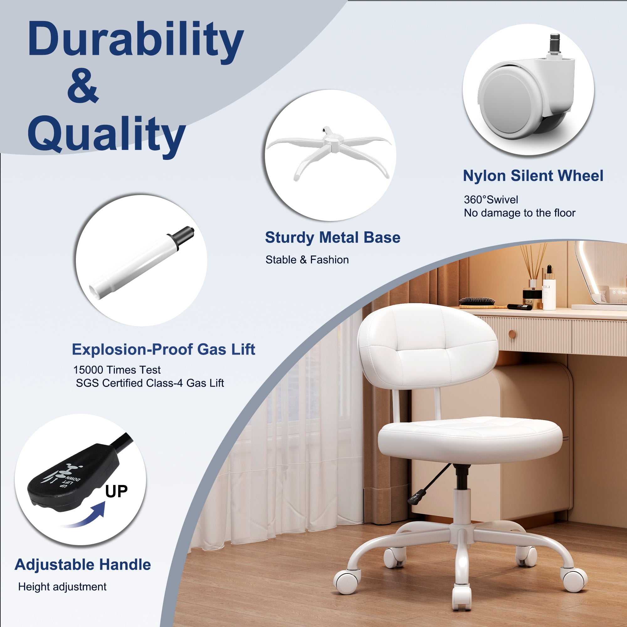 Misolant Vanity Chair with back, Small Armless Cute office Chair with wheels and Lumbar support, Comfy PU Leather Desk Computer Chairs with Adjustable Height, 360°Swivel for Home Bedroom Office