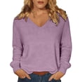 thumbnail image 3 of LNZGNM Sweaters for Women Long Sleeve V-neck Ribbed Oversized Lightweight Cozy with Stretch Sweater Fall Outing Comfort,Light Purple(L), 3 of 9