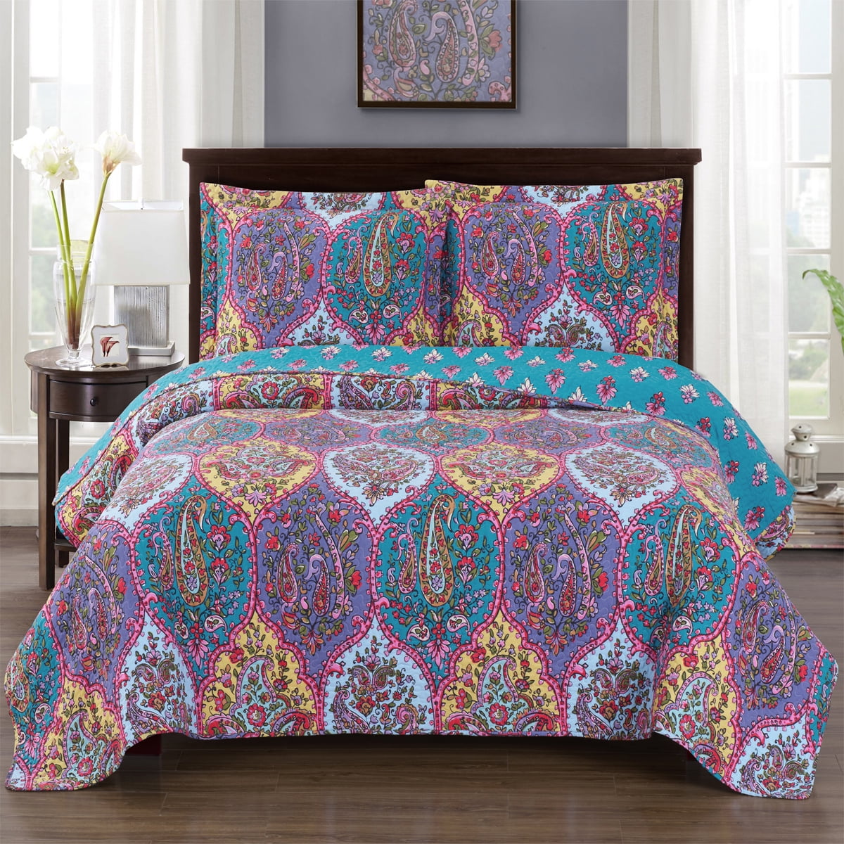 Viola Floral Oversize Coverlet WrinkleFree & Easy Care Reversible