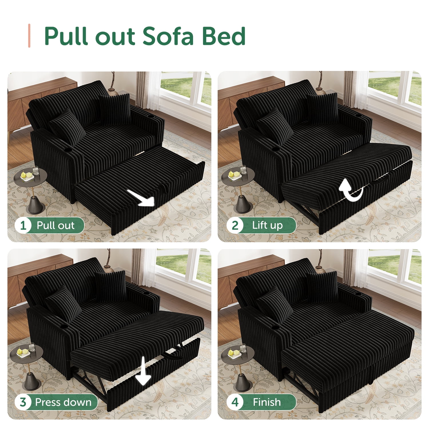 Marrber Black 52” 3-in-1 Convertible Pull-Out Sofa Bed Sleeper Loveseat with Reclining Backrest, Built-in Cup Holders, Pet-Friendly Corduroy Sofa for Small Space