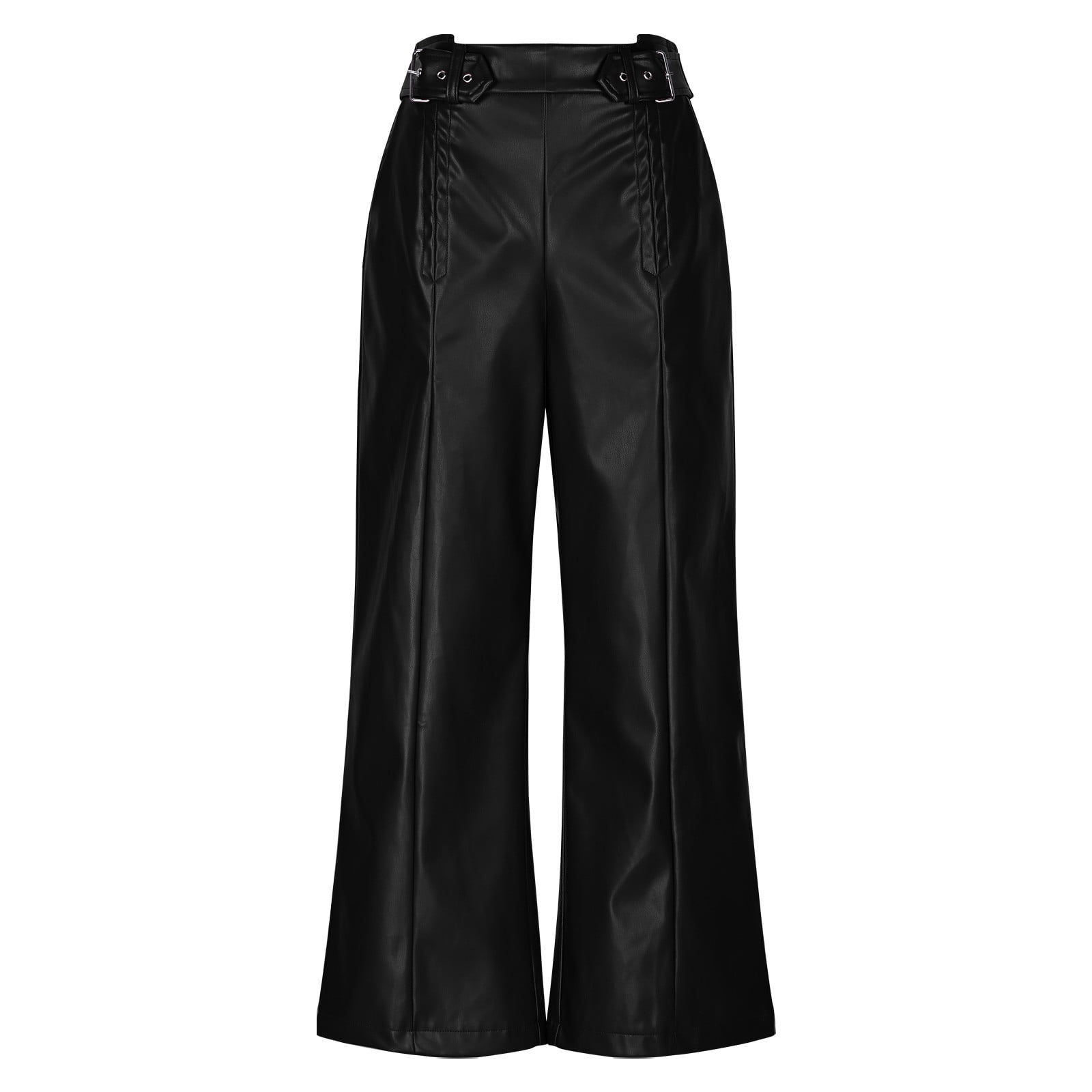 JGGSPWM High-Waist Wide Leg Pants with Belt for Women Sleek Faux Leather Trousers Black 2XL