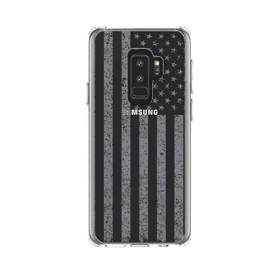 DistinctInk Clear Shockproof Hybrid Case for Samsung Galaxy S9  PLUS (6.2" Screen) - TPU Bumper, Acrylic Back, Tempered Glass Screen Protector - Weathered Grey US Flag