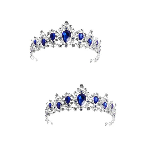 FRCOLOR 2pcs Royal Crystal Tiara Wedding Crown Headpieces Bridal Hair Accessories (Silver Base,Blue)