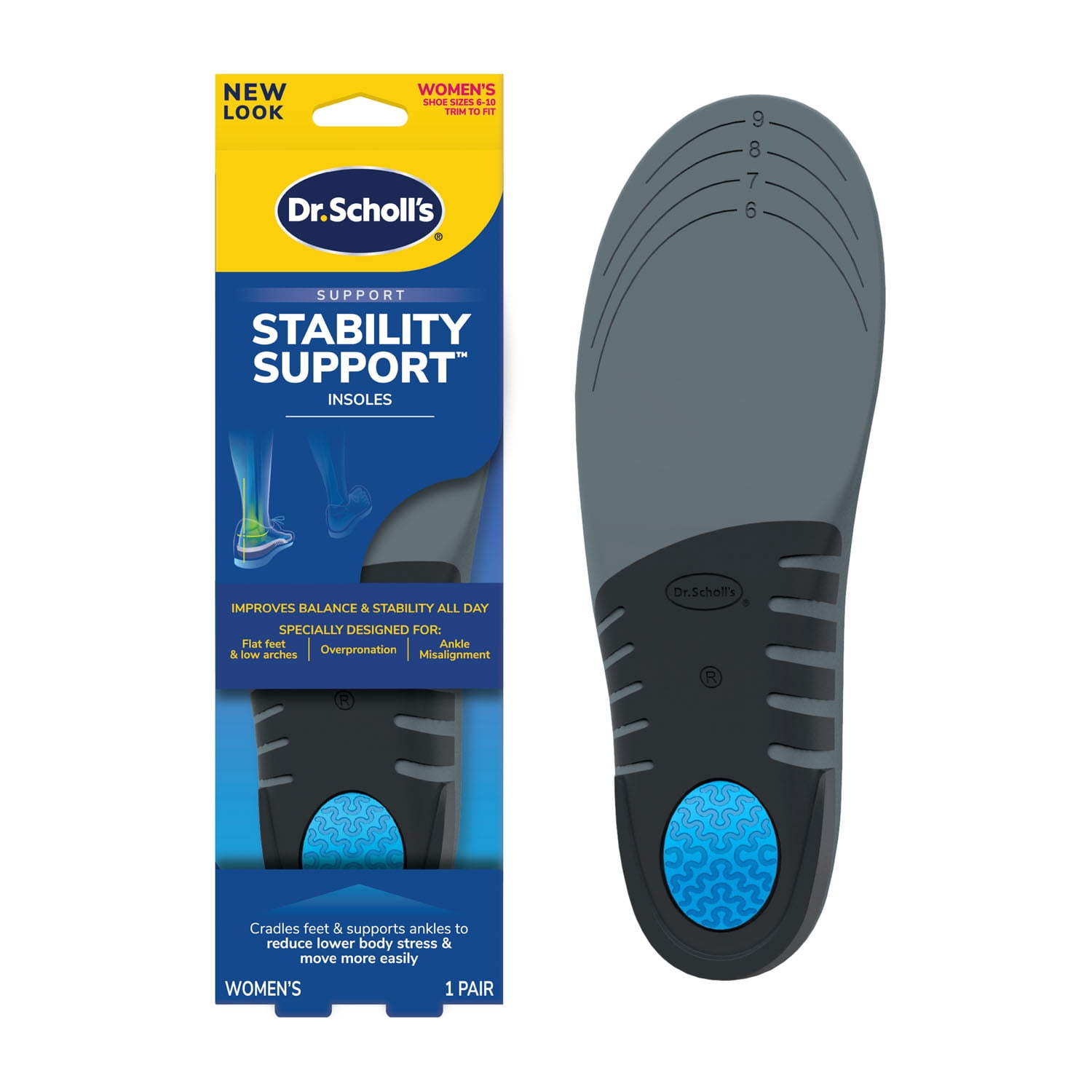 (4 pack) Dr. Scholl's Stability Support Insoles Flat feet & Overpronation, Low Arch Support, Women 6-10, 1 Pair