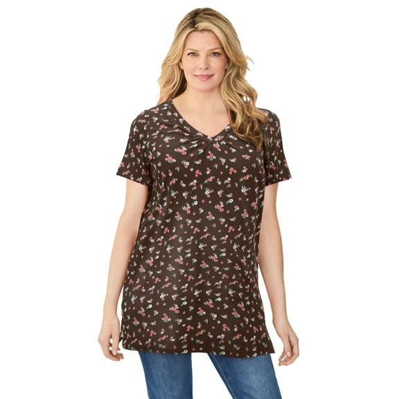 Woman Within Plus Size Perfect Printed Short-Sleeve Shirred V-Neck Tunic