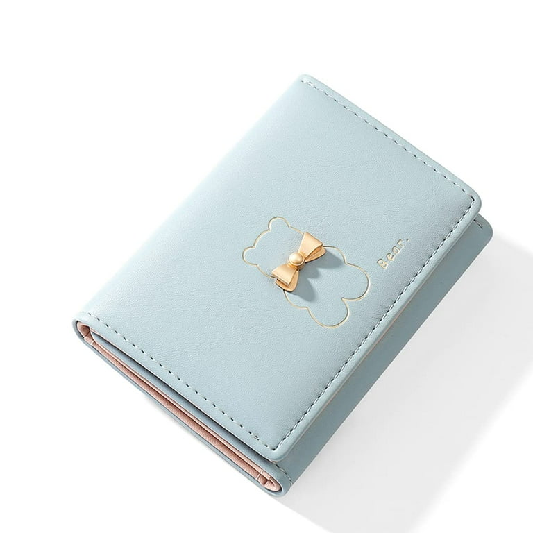 Small Wallets for Girls Cute Bear Print Wallet Small Tri folded Wallet Cash Pocket Card Holder ID Window Purse for Women Blue
