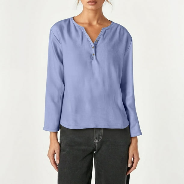 MHFRRA Camiseta Informal de Manga Larga con Cuello En V y Estampado Liso Azul Claro