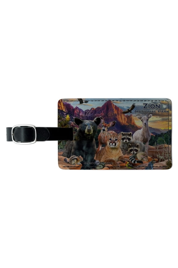 Zion National Park Utah UT Animals Cougar Bear Deer Raccoons Rectangle Leather Luggage Card Suitcase Carry-On ID Tag