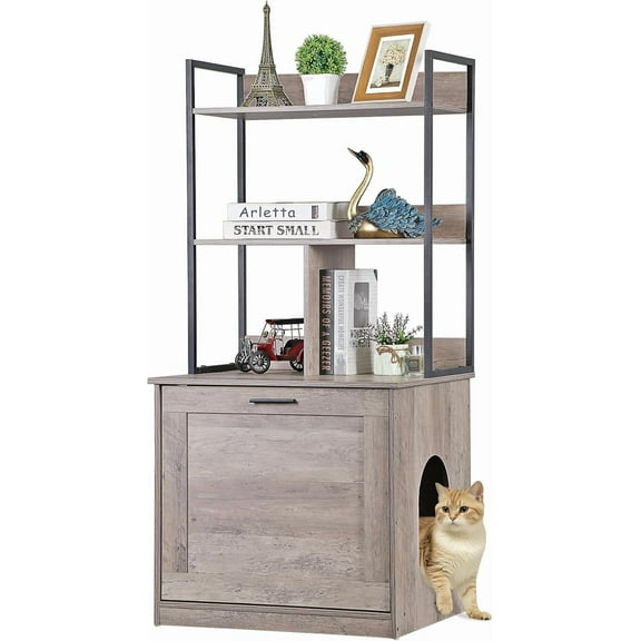 LINJH 50 Inch Cat Litter Box Enclosure with 2 Storage Shelves 2-in-1 Litter Box Furniture Hidden with Barn Door, Indoor Wooden Cat House, Greige