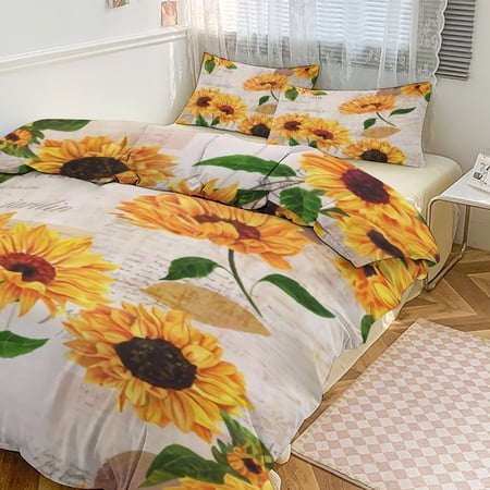 Sunflower Flowers on Old Fashioned Letters Romantic 90 x90 3 Pcs Soft Bedding Set Includes 1 Duvet Cover with Zipper And 2 Pillow Shams