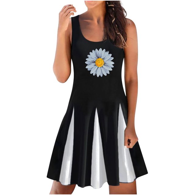 Vestidos de verano para mujer Estampado de playa Sin mangas Cuello redondo Casual Vestido sin mangas suelto Fridja hj2151