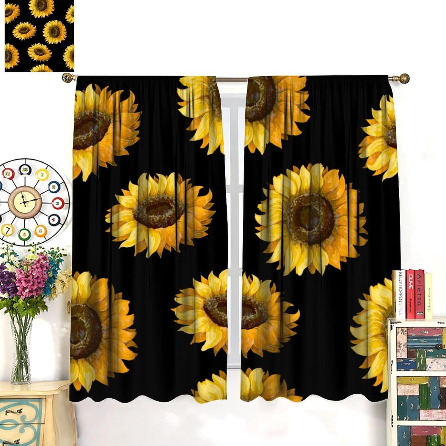 Sunflower Blackout Curtains Beautiful Flowers Yellow Black Rustic Nature Bedroom Living Room Kitchen Rod Pocket Decoration Window Drapes 2 Panels W42xL63in