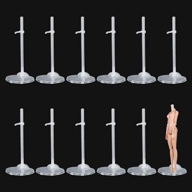 12 soportes ajustables para figuras de acción, de plástico transparente.