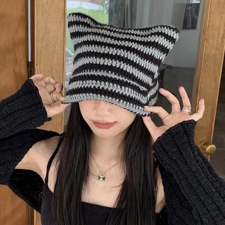 Women Girls Cat Ear Beanie Striped Crochet Hat Vintage Cable  display picture 2