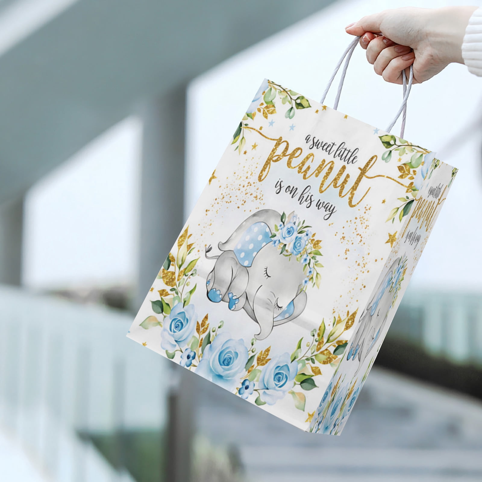 20Pcs Elephant Baby Shower Party Favor Bags, Blue Floral Sweet Little Peanut is on His Way Cute Elephant Party Supplies