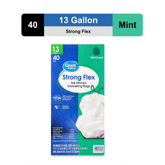Great Value Strong Flex 13 Gallon Tall Kitchen Trash Bags, Mint Scent, 40 Count