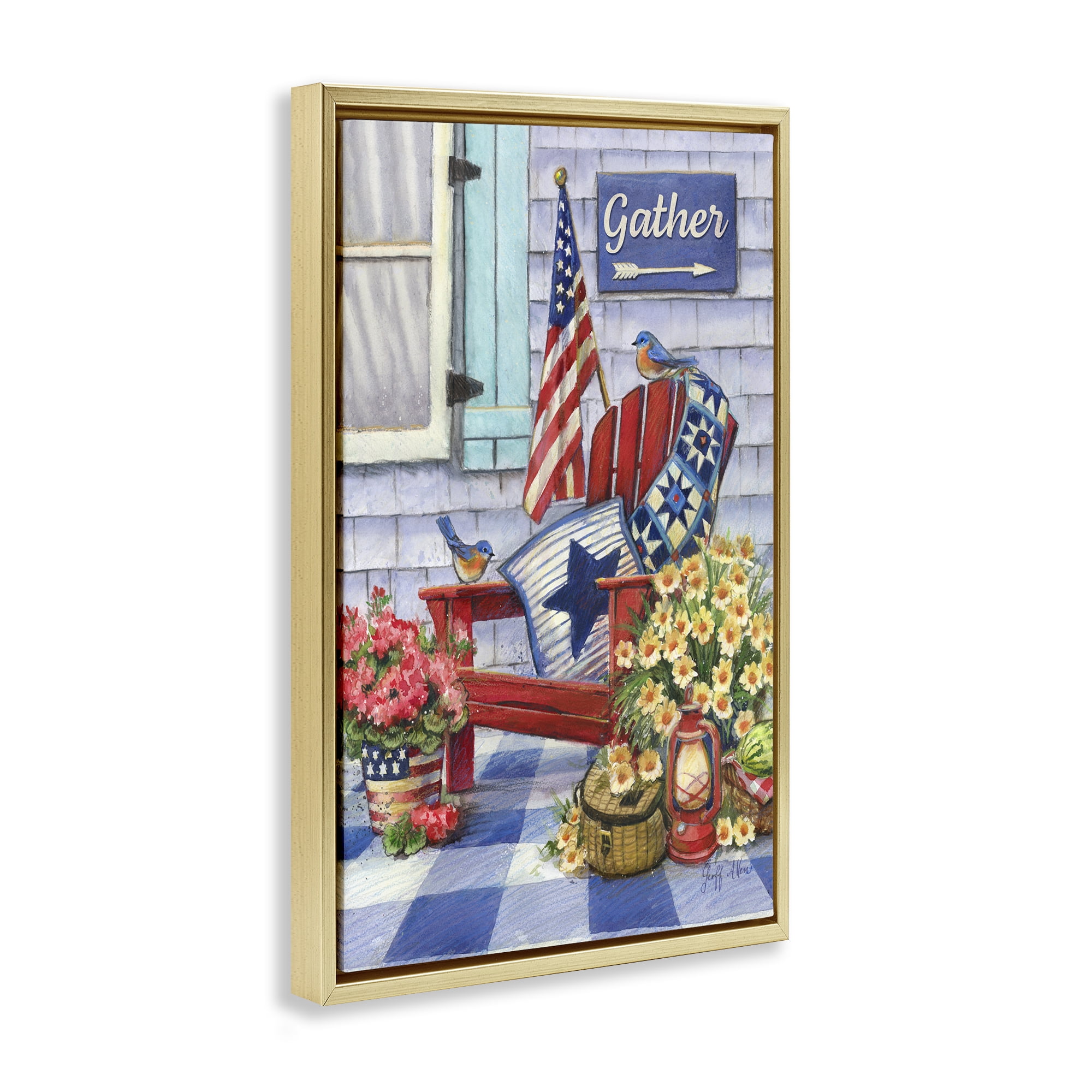 Stupell Industries Patriotic Porch View Patriotic Painting Gold Floater Framed Canvas Art Print Wall Art, 17 x 25