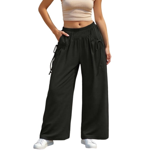 EDFBUYKRS Female Women Pants Casual Women's Pants with Pockets Business Casual Women's Loose Wide Leg Track Pants Drawstring Pockets Elastic Waist Capri Hiking Pants Xs