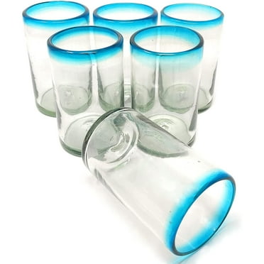 Hand Blown Mexican Drinking Glasses – Set of 6 Aqua Rim Glasses 14 oz