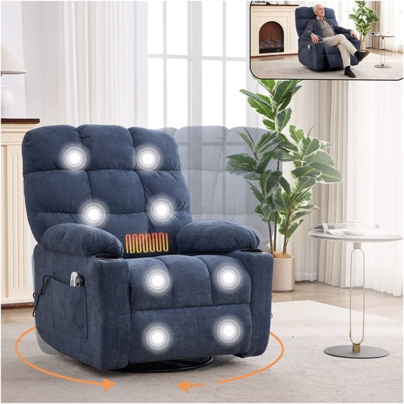 JERFIT Power Swivel Recliner Chair with Heat & Massage, Rocking Fabric Lounge Chair for Living Room, Blue