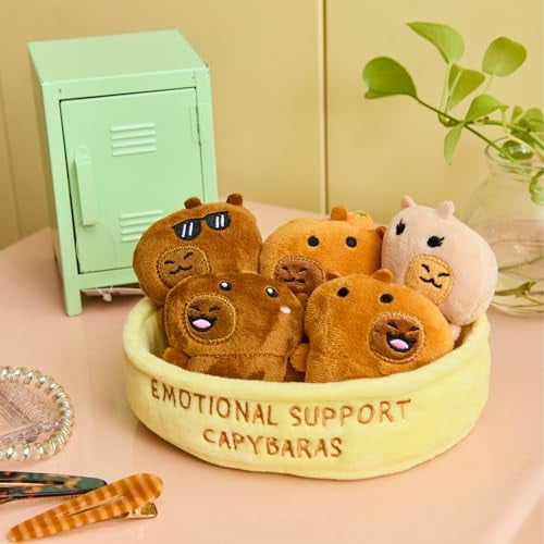 Emotional Support Capybaras by Relatable, Cuddly Stuffed Animals and Plushies Set, Includes 5 Capybara Plush Toys with Carrying Basket, Cute Stuff and Great Gift for Loved Ones of All Ages
