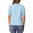 thumbnail image 3 of Camisa Chambray INSPIRE CHIC para mujer con cuello Peter Pan, mangas abullonadas, blusa de denim vintage, talla XS, color azul hermoso, 3 of 6