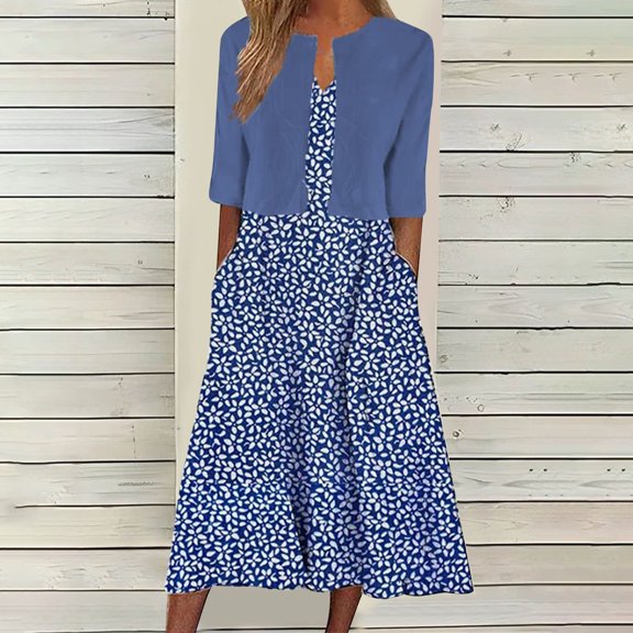 DailyTrove Women's Floral Maxi Dress with Cropped Cardigan Set, Elegant Outerwear for Summer Garden Parties Formal Gatherings
