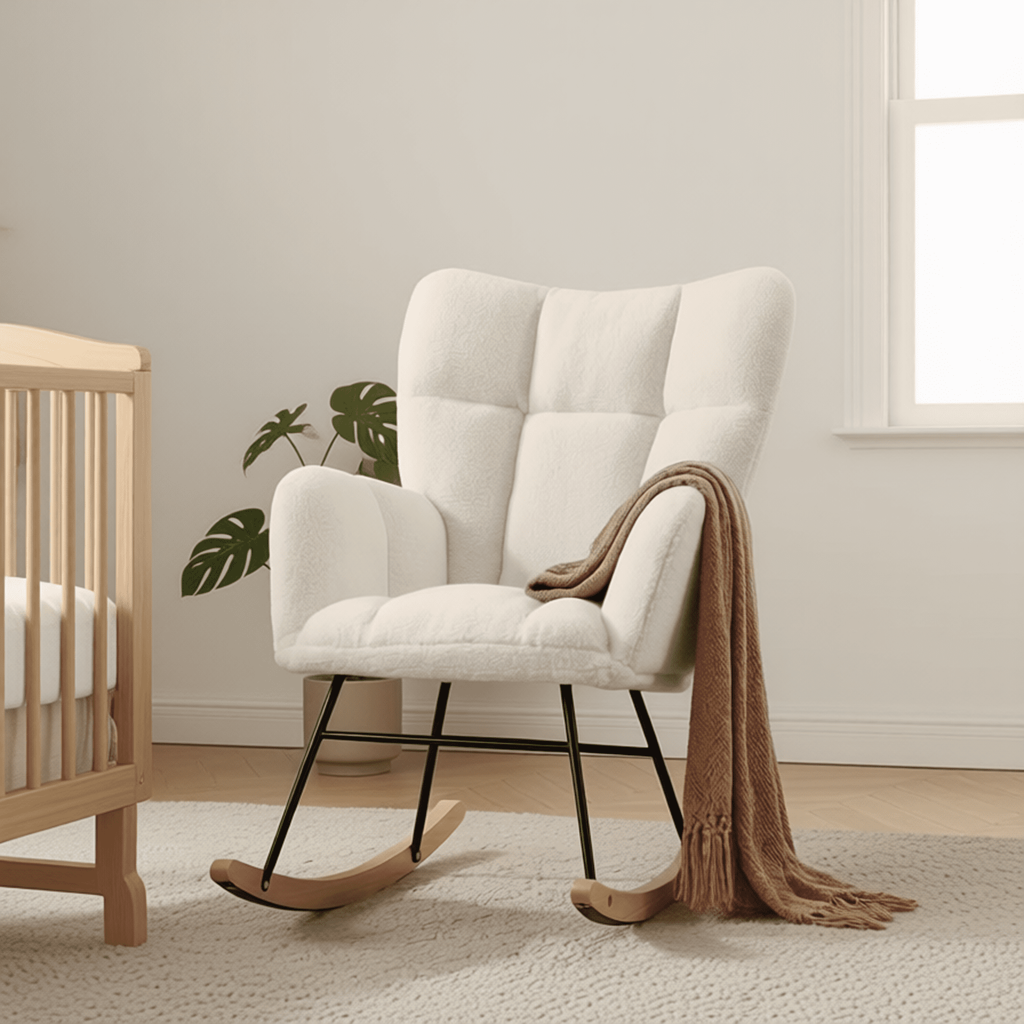 Cream Teddy Fabric Rocking Chair with High Back and Tufted Design, Soft ...