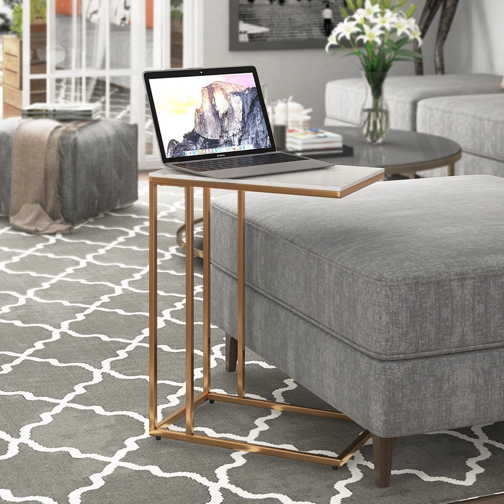Abble Marble Top C-Table Accent Side End Table with Gold Metal Base