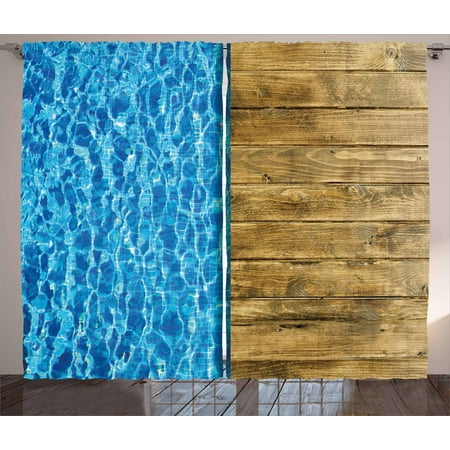 Aqua Curtains 2 Panels Set, Summer House Seem Swimming Pool with Wooden Seem Deck Image, Window Drapes for Living Room Bedroom, 108W X 108L Inches, Dark Blue White and Caramel Brown, by