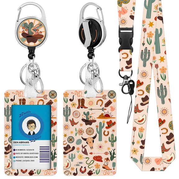 JOPJOLIW Western Lanyards for ID Badge Holder, Cute Western Cowboy Cactus ID Badge Holder with Heavy-Duty Retractable Reel Clip, Gift for Teacher Nurse Adult