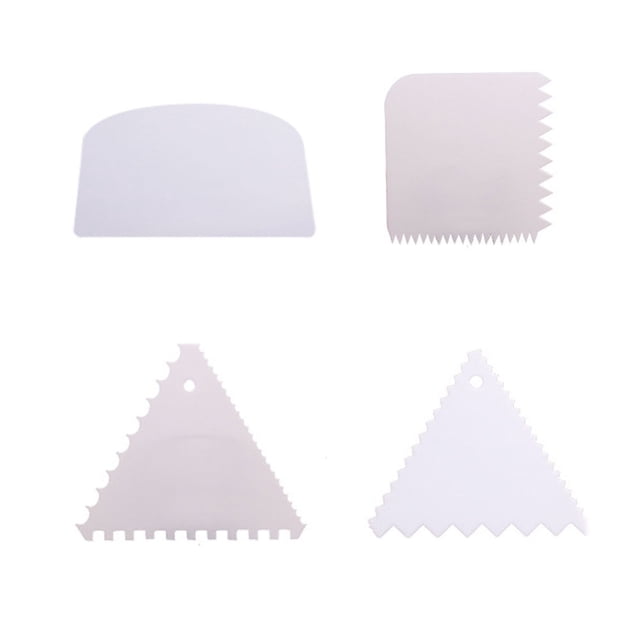 Shisuyan 4PCS Cake Scraper Set Decorative Comb Icing Smoother Frill Scraper Baking Tool - White Smooth Edge+Two-Side Wide/Narrow Zigzag Edge+Triangular Zigzag Edge+Round Comb